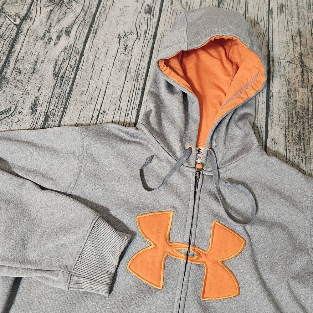 Under Armour Hoodie Men L Gray Gray Orange  Sweatshirt Sweater Large‎ Logo